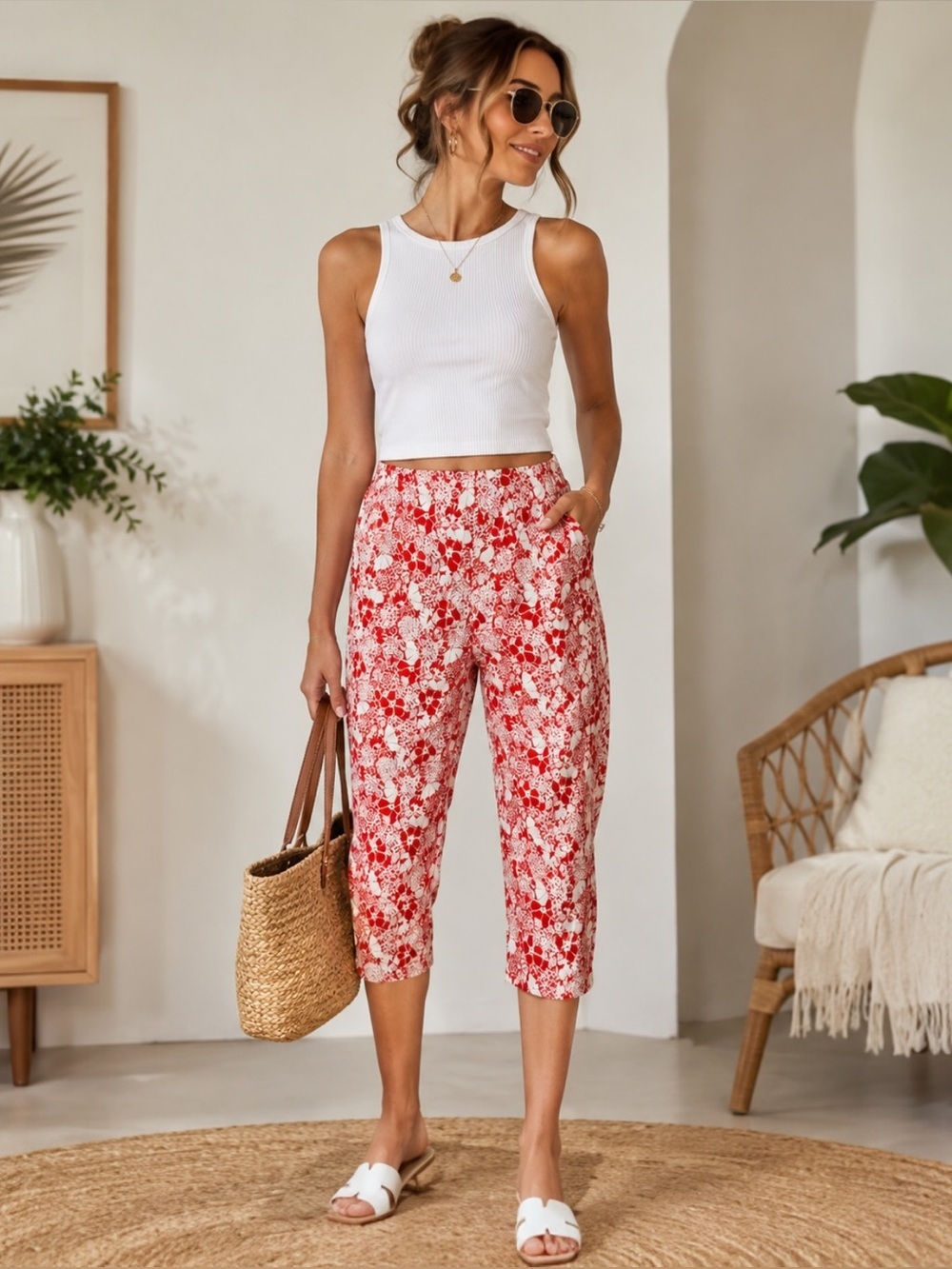 Josephine Chaus Red & White Floral Capri Pants Women’s Size 4